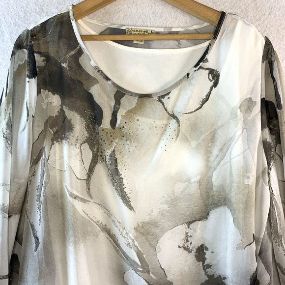 Womens Abstract Floral Top Sz L Flowy Asymmetrical Studded Artsy Layered Flare - Picture 2 of 14